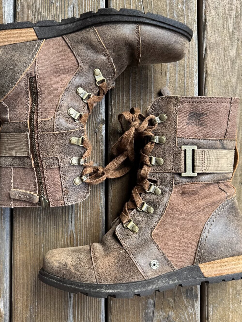 Sorel Major Carly Brown Leather & Canvas Lace Up Side Zip Combat Boots Womens 9 - Picture 4 of 16